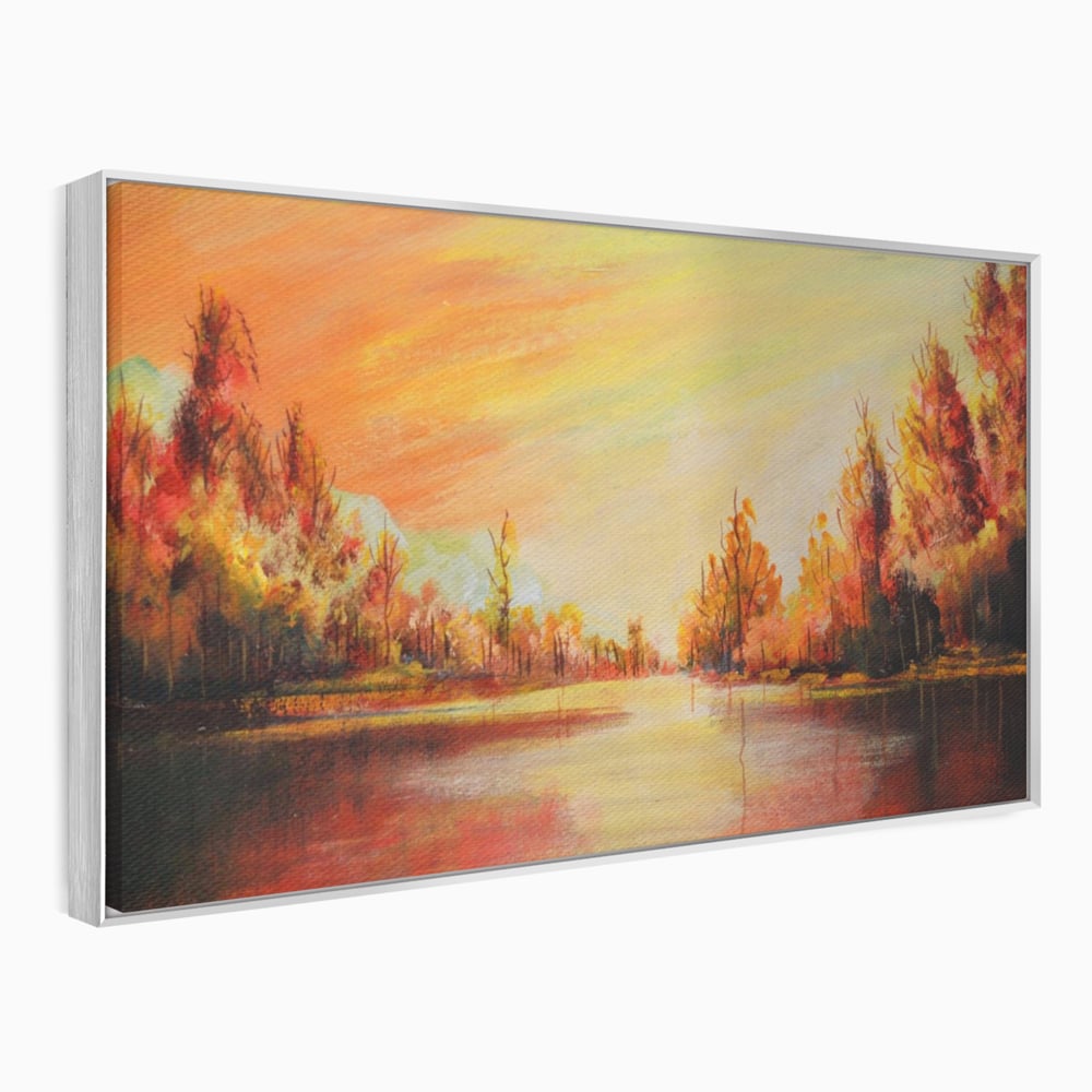 Tablou canvas cu pictura cu peisaj de toamna si lac, in rama de aluminiu argintiu